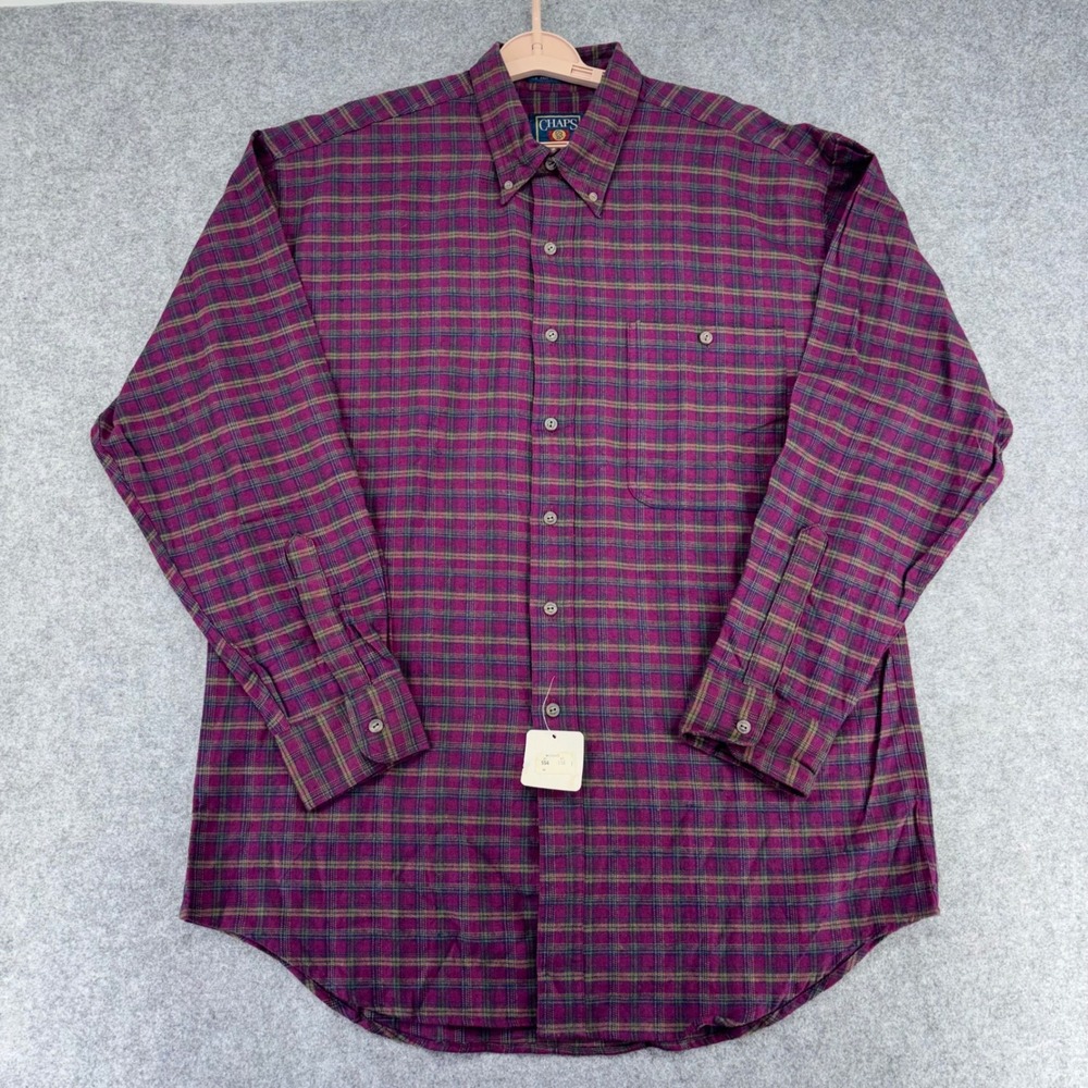 Chaps Ralph Lauren Mens Large Flannel Shirt Burgundy Plaid Cotton Vintage NWT